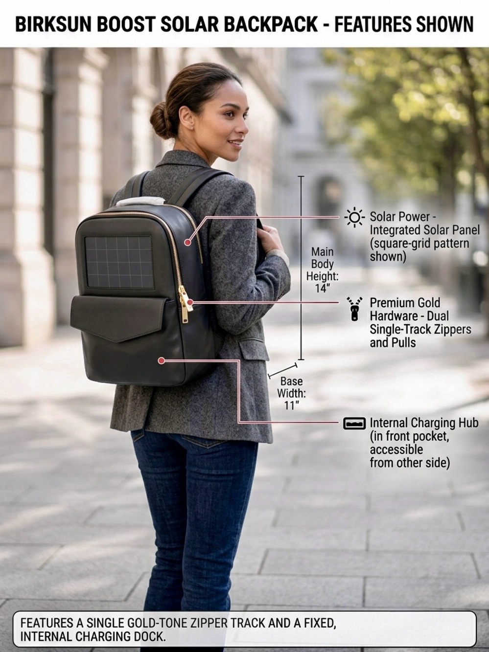 NWT BirkSun Boost Solar Powered Backpack - Black Compact Laptop Bag